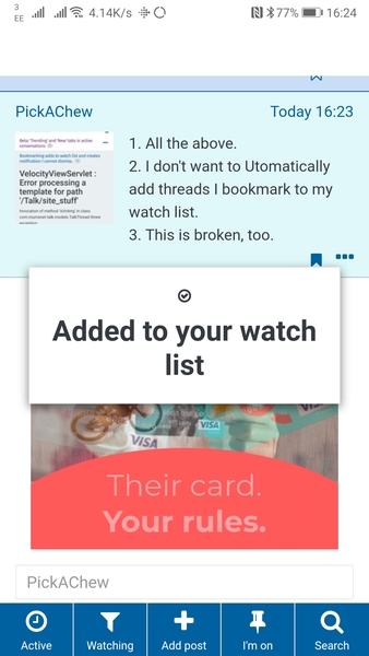Bookmarking adds to watch list and creates notification I cannot dismiss.