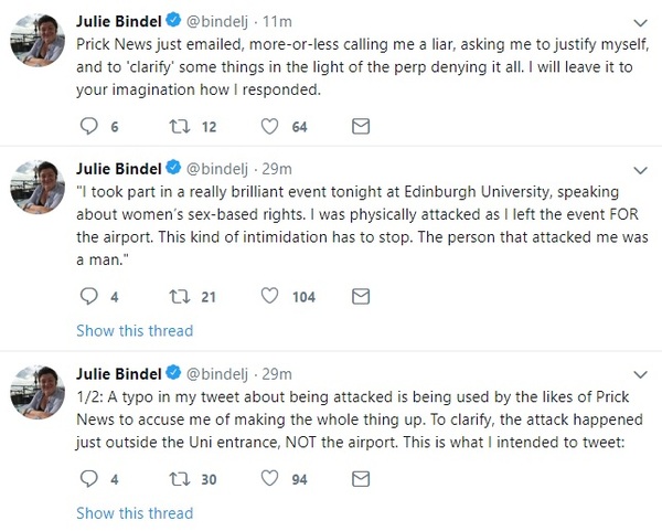 Julie Bindel physically attacked after meeting