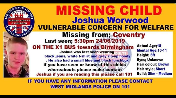 Please help find Josh missing from Coventry he could be in Birmingham or London