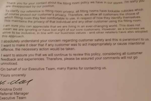 Risk assessments regarding clothing shop changing rooms