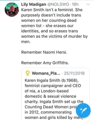 Kitty Holland of the Irish Times declaring Jean Hatchet’s upcoming ride for murderec women transphobic