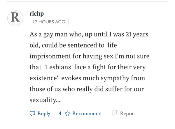 "Lesbians face a fight for their very existence" Janice Turner in the Times