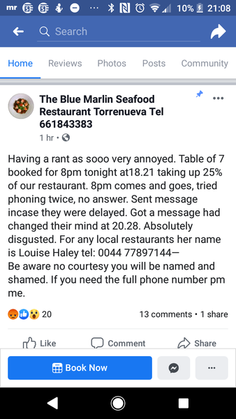 Restaurant posting full name and phone number of no shows online