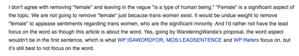 Wikipedia definitions of Woman and Transwoman