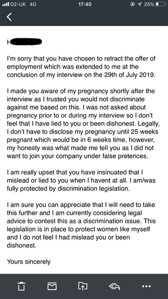 Job Offer withdrawn after informing employer that I am pregnant.