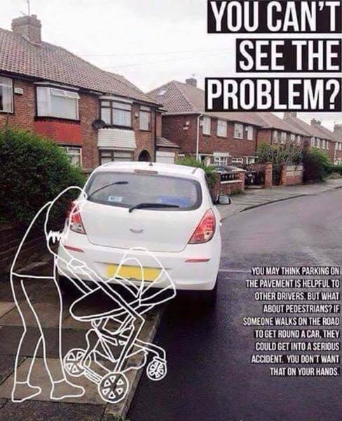 Neighbours parking on pavements and overgrown hedges (photo)