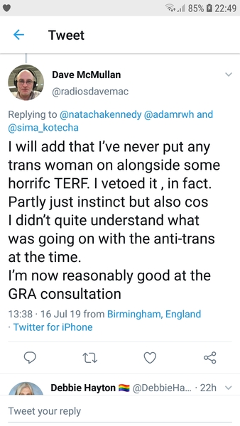 Dave McMullan from BBCR4: "I'd never put any trans women on alongside some horrific terf" [*name edited by MNHQ]