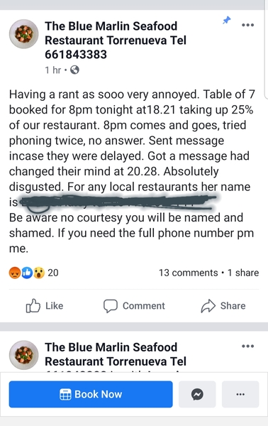 Restaurant posting full name and phone number of no shows online