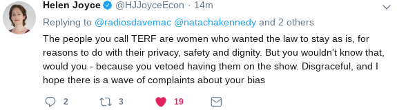 Dave McMullan from BBCR4: "I'd never put any trans women on alongside some horrific terf" [*name edited by MNHQ]