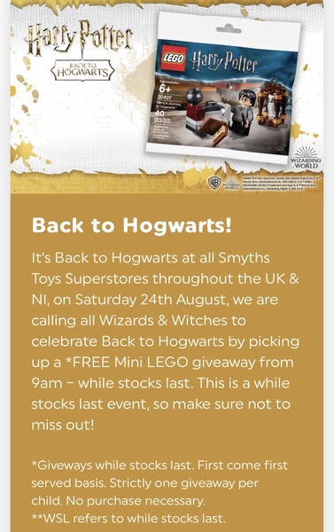 Free Lego Harry Potter event August 24th
