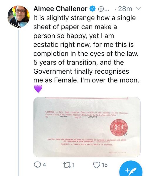 Challenor showing off their 'new' birth certificate