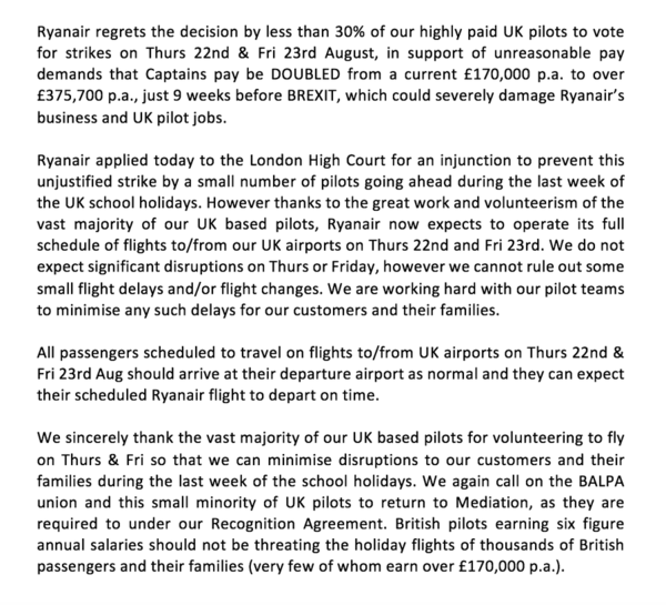 Ryan Air strikes