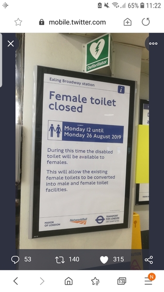 Ealing Broadway women's toilet becoming mixed