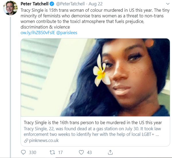 Tatchell wants to pin the murder of transwoman by boyfriend, on feminists.