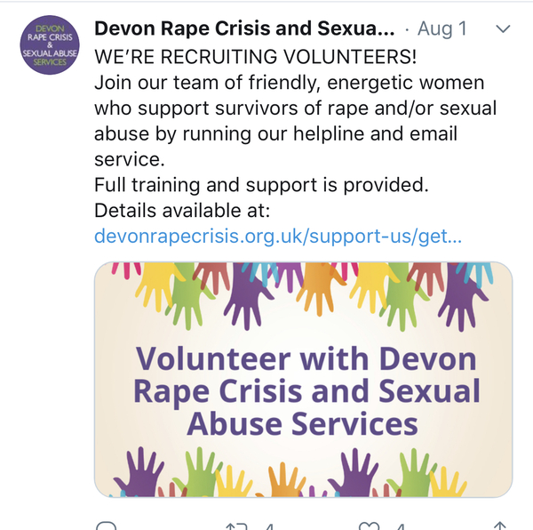 Self ID women being asked to volunteer in Devon Rape Crisis Centre *Triggering - rape*