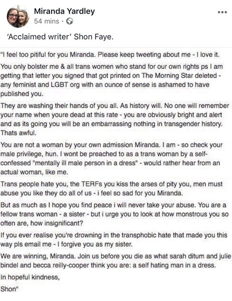 Shon Faye's Strange Rant at Miranda Yardley.