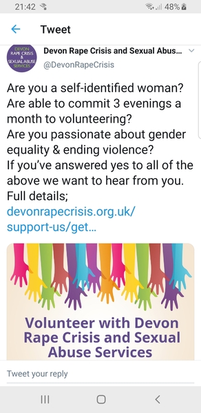 Devon Rape Crisis advertising for "self identified' women