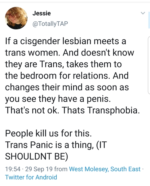 Not having sex with someone because they don't have the right genitals is transphobic. No prizes for guessing who's claiming this