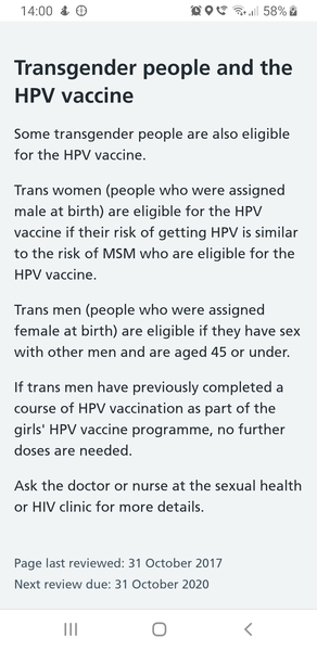 Trans patients access to HPV vaccine up to 45, women only 25.