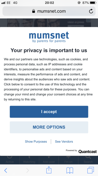 Privacy notice coming up on every page