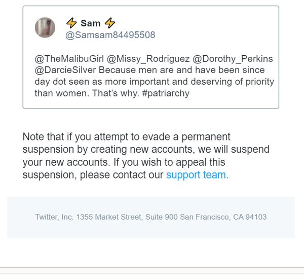 Suspended for commenting on patriarchy.