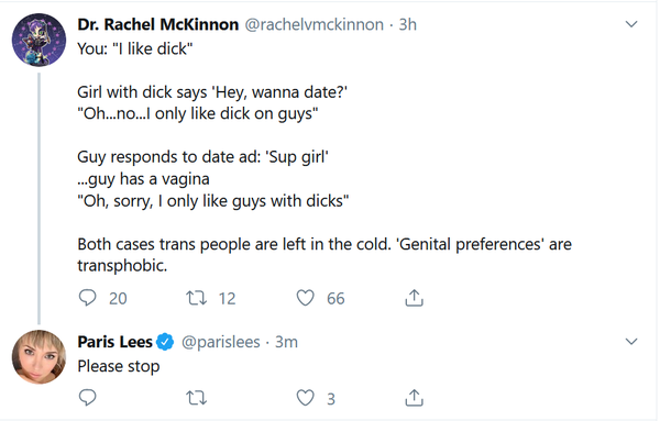 Not having sex with someone because they don't have the right genitals is transphobic. No prizes for guessing who's claiming this