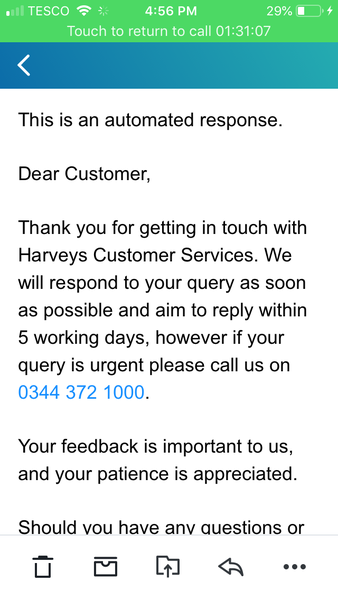 Harveys Customer Services - on hold for 1 1/2 hpurs