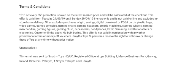 Smyths spend 50 save 10