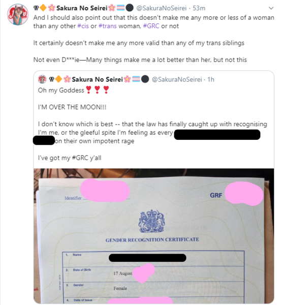 Challenor showing off their 'new' birth certificate