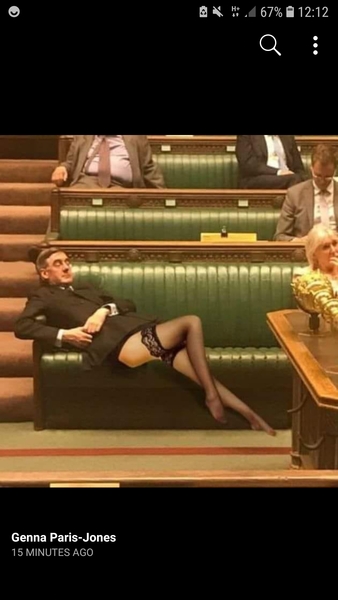 Jacob ReesMogg lounging across 3 seats in the houses of Parliament, when brexit is being discussed