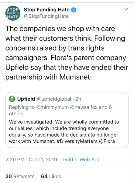 To think Upfield Global (Flora marg) can get stuffed for calling mumsnet a hate site?