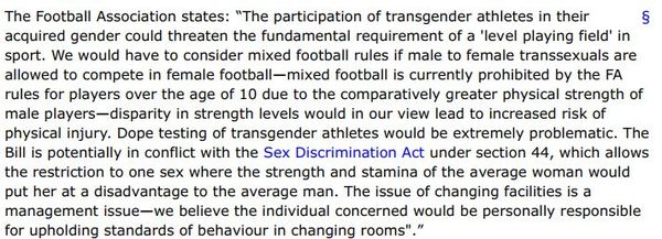 Help please on responce from letter sent to governing body of my sport re rules on transwomen playing alongside and in opposition