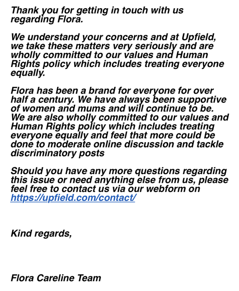 Upfield (manufacturers of Flora marg, and Proactiv) don't want Mumsnet to buy their products any more