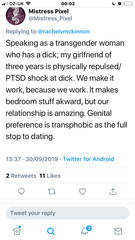 Not having sex with someone because they don't have the right genitals is transphobic. No prizes for guessing who's claiming this