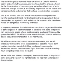 A Woman's Place meeting Oxford 25 Oct