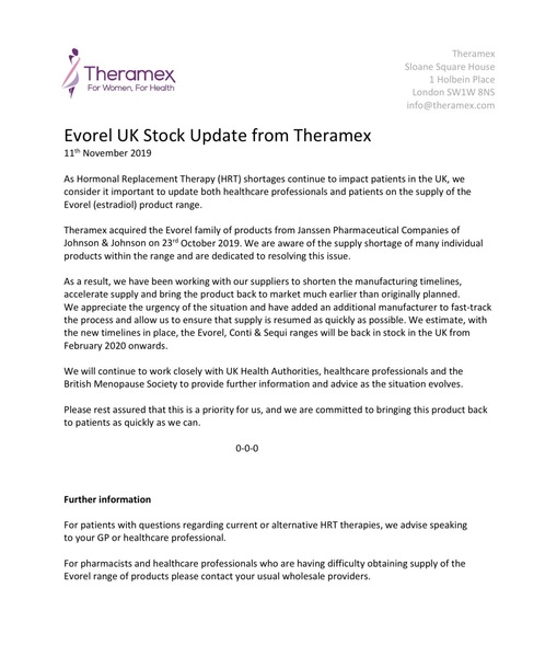 Evorel Supply Update from manufacturer