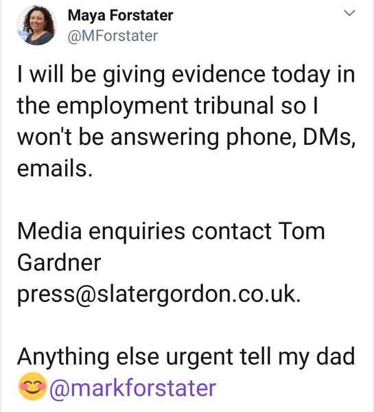 Maya  Forstater gives her evidence today!