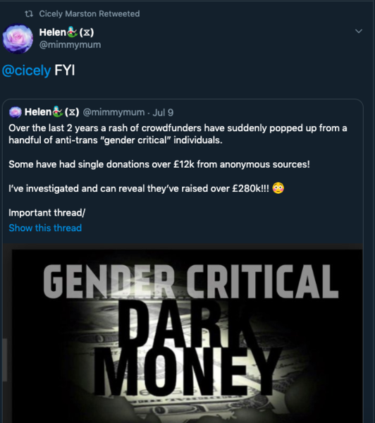 Stephen Whittle accusing GC feminists of being funded by the 'evangelical right wing'