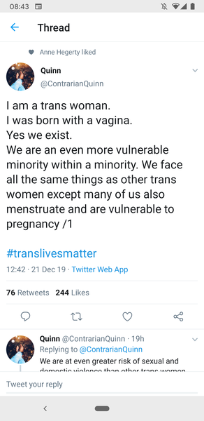 There's a Twitter user stating that all women and trans