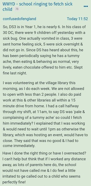 WWYD - school ringing to fetch sick child