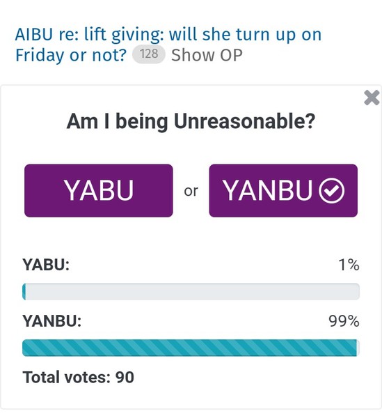 AIBU re: lift giving: will she turn up on Friday or not?