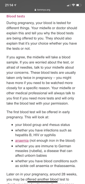 What is looked for on 1st blood test with midwife?