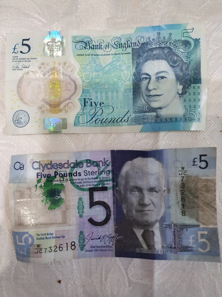 What colour are five pound notes?