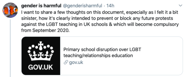 Dept. for Education doc "Primary school disruption over LGBT teaching/relationships education"