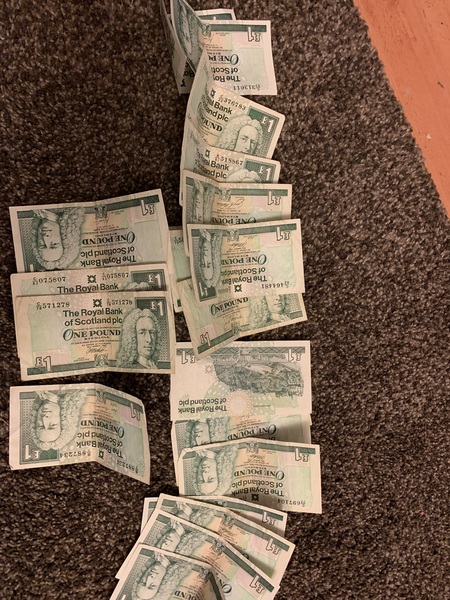 What colour are five pound notes?