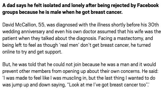 Metro story about male breast cancer survivor 'refused access to support group'