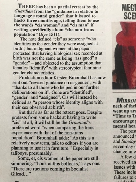 Private Eye spots Guardian now using sex observed at birth when describing 'cis' people