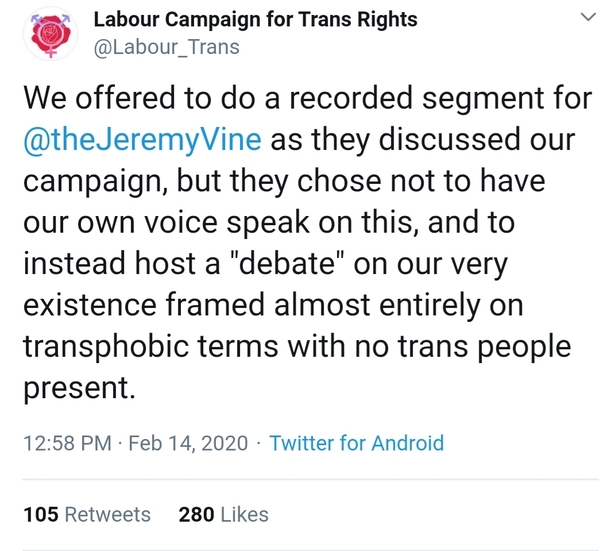 Labour trans promise on radio 2 Jeremy Vine