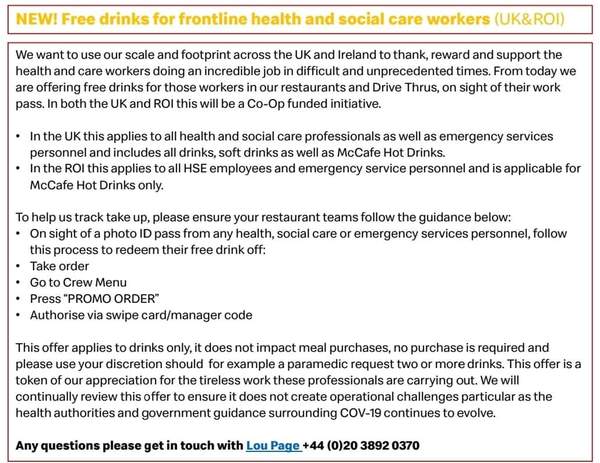 McDonald's giving free drinks to front line workers