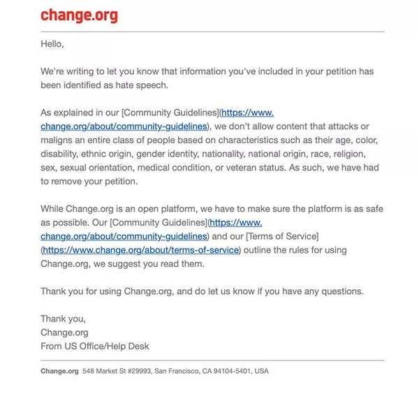 Change.org petition to keep the dictionary definition of 'woman' as it is, is removed as it constitutes 'hate speech'